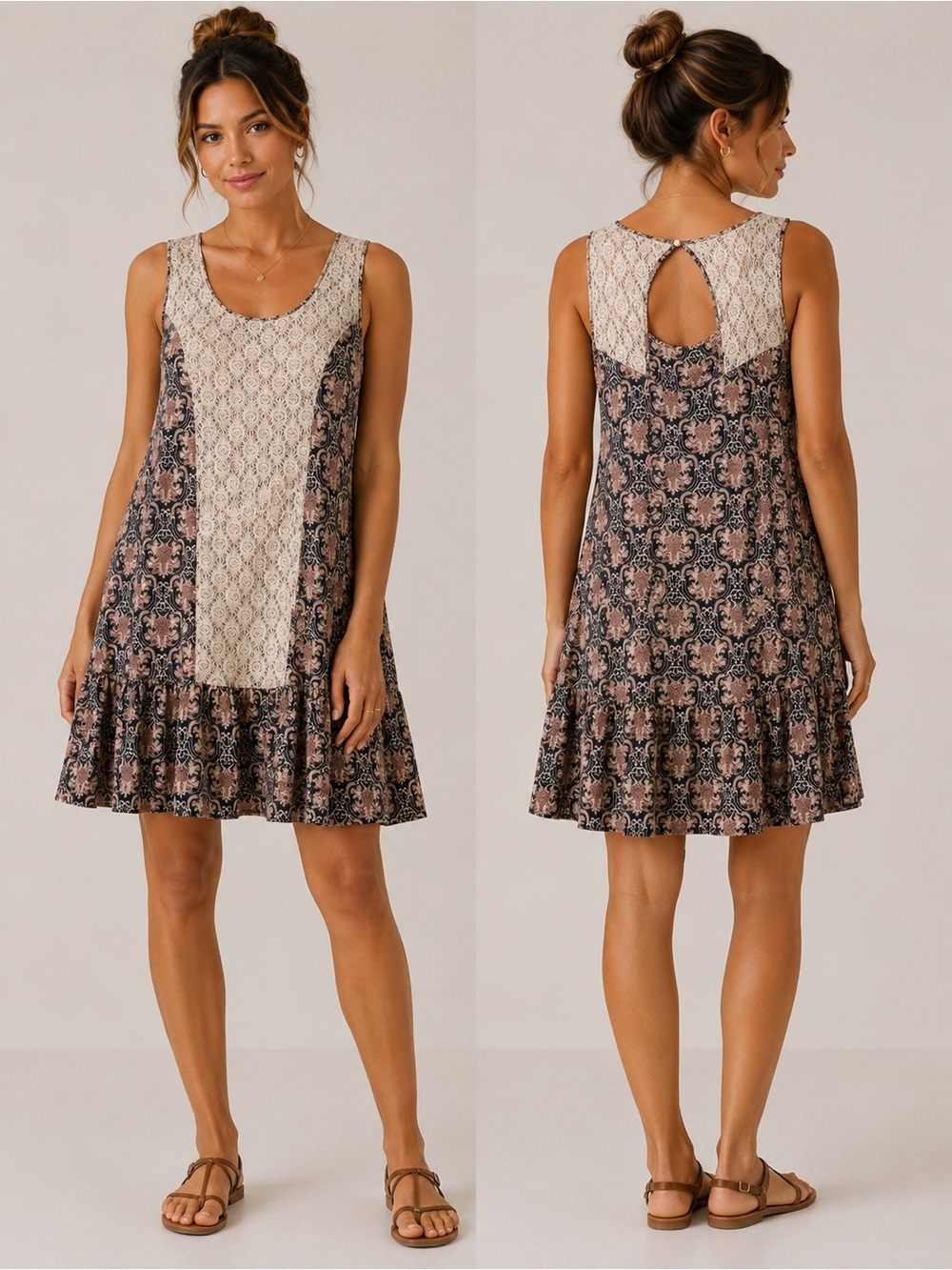 Areve Lace-Trim Floral Print Dress in Cream and Brown
